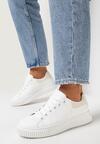 Biało-Beżowe Sneakersy ze Żłobieniami na Płaskiej Podeszwie z Metaliczną Wstawką Granuse