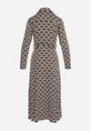 Brązowa Sukienka Koszulowa Midi w Geometryczny Wzór z Paskiem Anelfi