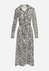Czarno-Biała Rozkloszowana Sukienka Midi o Koszulowym Fasonie z Ozdobnym Wzorem Liovia