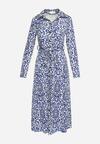 Niebiesko-Biała Rozkloszowana Sukienka Midi o Koszulowym Fasonie z Ozdobnym Wzorem Liovia