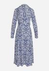 Niebiesko-Biała Rozkloszowana Sukienka Midi o Koszulowym Fasonie z Ozdobnym Wzorem Liovia