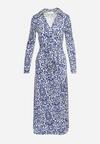 Niebiesko-Biała Maxi Sukienka Taliowana Kopertowa z Materiałowym Paskiem Ailrin