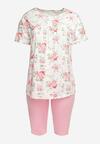 Różowo-Biały Komplet Piżamowy w Kwiaty Koszulka z Krótkim Rękawem i Spodnie Lużne 3/4 Lareni