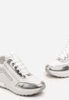 Biało-Srebrne Sznurowane Sneakersy na Grubej Podeszwie z Błyszczącymi Wstawkami i Suwakiem Revilinsa