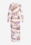 Beżowo-Fioletowa Taliowana Sukienka Maxi z Elastycznej Siateczki z Marmurowym Wzorem Karinda