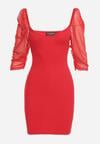 Czerwona Bawełniana Dopasowana Sukienka Mini z Przeźroczystymi Rękawami 3/4 Ferdiana