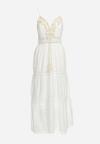 Biało-Beżowa Bawełniana Sukienka Maxi z Chwostami Przy Dekolcie Elella