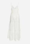 Biało-Beżowa Bawełniana Sukienka Maxi z Chwostami Przy Dekolcie Elella