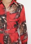 Czerwono-Brązowa Sukienka Midi o Rozkloszowanym Kroju z Paskiem z Klamrą Olvira