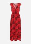 Czerwona Maxi Sukienka Rozkloszowana z Wiskozy z Kopertową Górą Wiracia