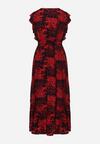 Czarno- Czerwona Maxi Sukienka Rozkloszowana z Wiskozy z Kopertową Górą Wiracia