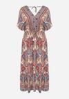 Beżowo-Bordowa Sukienka Maxi z Wiskozy w Stylu Boho z Wzorem Paisley i Gumką w Pasie Naroli
