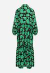 Zielono-Czarna Rozkloszowana Sukienka Maxi w Abstrakcyjne Kwiaty z Guzikami Przy Dekolcie Millara