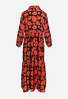 Czerwono-Czarna Rozkloszowana Sukienka Maxi w Abstrakcyjne Kwiaty z Guzikami Przy Dekolcie Millara
