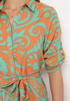 Zielono-Pomarańczowa Koszulowa Sukienka Maxi z Materiałowym Paskiem w Abstrakcyjne Wzory Terins