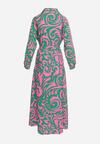 Zielono-Różowa Koszulowa Sukienka Maxi z Materiałowym Paskiem w Abstrakcyjne Wzory Terins