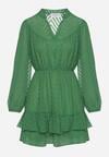Zielona Rozkloszowana Sukienka Mini z Bufiastymi Rękawami i Falbanką Illathi