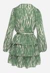 Zielona Rozkloszowana Sukienka Mini Kopertowa z Paskiem i Falbankami w Abstrakcyjny Wzór Aintersa