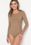 Jasnobrązowe Prążkowane Body z Długimi Rękawami Ainter