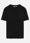 Czarny T-shirt Ozdobiony Krótkimi Frędzlami i Koralikami Ralleni