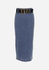 Niebieska Midi Spódnica Ołówkowa Jeansowa z Bawełny z Ażurowym Paskiem Verailla