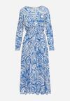 Niebiesko-Biała Wiskozowa Sukienka Midi z Wzorem Paisley i Wiązanym Paskiem Larniella
