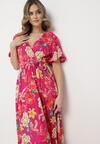 Fuksjowa Sukienka Maxi z Gumką w Talii z Szerokimi Rękawami i Kwiatowym Printem Nodriala