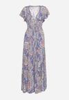 Granatowo-Beżowa Sukienka Maxi z Gumką Pod Biustem i Orientalnym Wzorem Uniwia