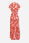 Czerwono-Beżowa Sukienka Maxi w Kwiaty z Falowanymi Rękawkami i Gumką w Talii Mulanitti