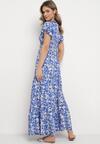 Niebiesko-Biała Sukienka Maxi w Kwiaty z Falowanymi Rękawkami i Gumką w Talii Mulanitti