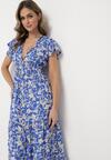 Niebiesko-Biała Sukienka Maxi w Kwiaty z Falowanymi Rękawkami i Gumką w Talii Mulanitti