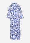Niebieska-Biała Rozkloszowana Sukienka Maxi z Falbanką i Botanicznym Wzorem Maticia