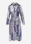 Niebiesko-Granatowa Sukienka Koszulowa w Ornamentalny Wzór z Materiałowym Paskiem Drusial