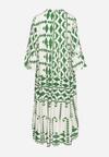 Zielono-Beżowa Sukienka Midi Rozkloszowana w Geometryczny Wzór z Falbanką na Rękawach Merdisavia