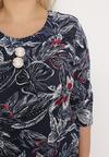 Granatowa Sukienka Trapezowa z Okrągłym Dekoltem i Kwiatowym Wzorem Aseliasa