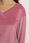 Różowy Welurowy Komplet Dresowy Bluza z Trójkątnym Dekoltem i Spodnie z Kieszeniami Onchia