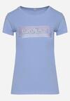 Niebieski T-shirt z Bawełny Ozdobiony na Froncie Nadrukiem Pandoma
