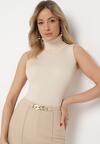 Jasnobeżowa Bluzka z Golfem bez Rękawów z Elastycznego Materiału Heliordia