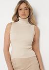 Jasnobeżowa Bluzka z Golfem bez Rękawów z Elastycznego Materiału Heliordia