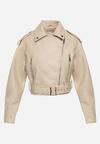 Beżowa Kurtka Ramoneska Vintage  o Krótkim Fasonie z Imitacji Skóry Corissande