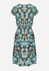 Brązowo-Niebieska Rozkloszowana Sukienka Midi z Bawełny z Kwiatowym Wzorem i Falbanką Rosenthel
