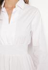 Biała Koszulowa Sukienka Mini z Bawełny z Gumką w Talii Memessa
