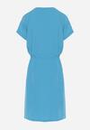 Niebieska Sukienka Mini z Krótkim Rękawem Ściągana w Pasie Troczkami Bellisant
