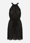 Czarna Plisowana Sukienka Mini z Materiałowym Paskiem z Zapięciem przy Karku Xaliarra