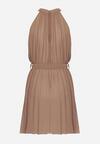 Beżowa Plisowana Sukienka Mini z Materiałowym Paskiem z Zapięciem przy Karku Xaliarra