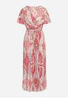Różowo-Biała Długa Sukienka z Kopertową Górą i Geometrycznym Wzorem Amareth