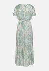 Jasnozielona Długa Sukienka z Wiskozy z Kopertową Górą i Geometrycznym Wzorem Amareth