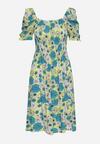 Zielono-Niebieska Wiskozowa Sukienka Midi z Gumkami Przy Dekolcie i Wzorem w Kwiaty Alonvaria