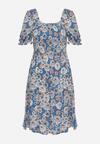 Niebieska Wiskozowa Sukienka Midi z Gumkami Przy Dekolcie i Wzorem w Kwiaty Alonvaria