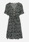 Czarno-Beżowa Sukienka Mini z Wiskozy Ozdobiona Falbanką w Kwiatowy Wzór Ravenina